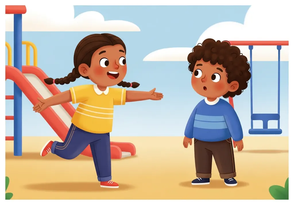 Illustration from Social Scenes: a girl invites a boy to play on the playground