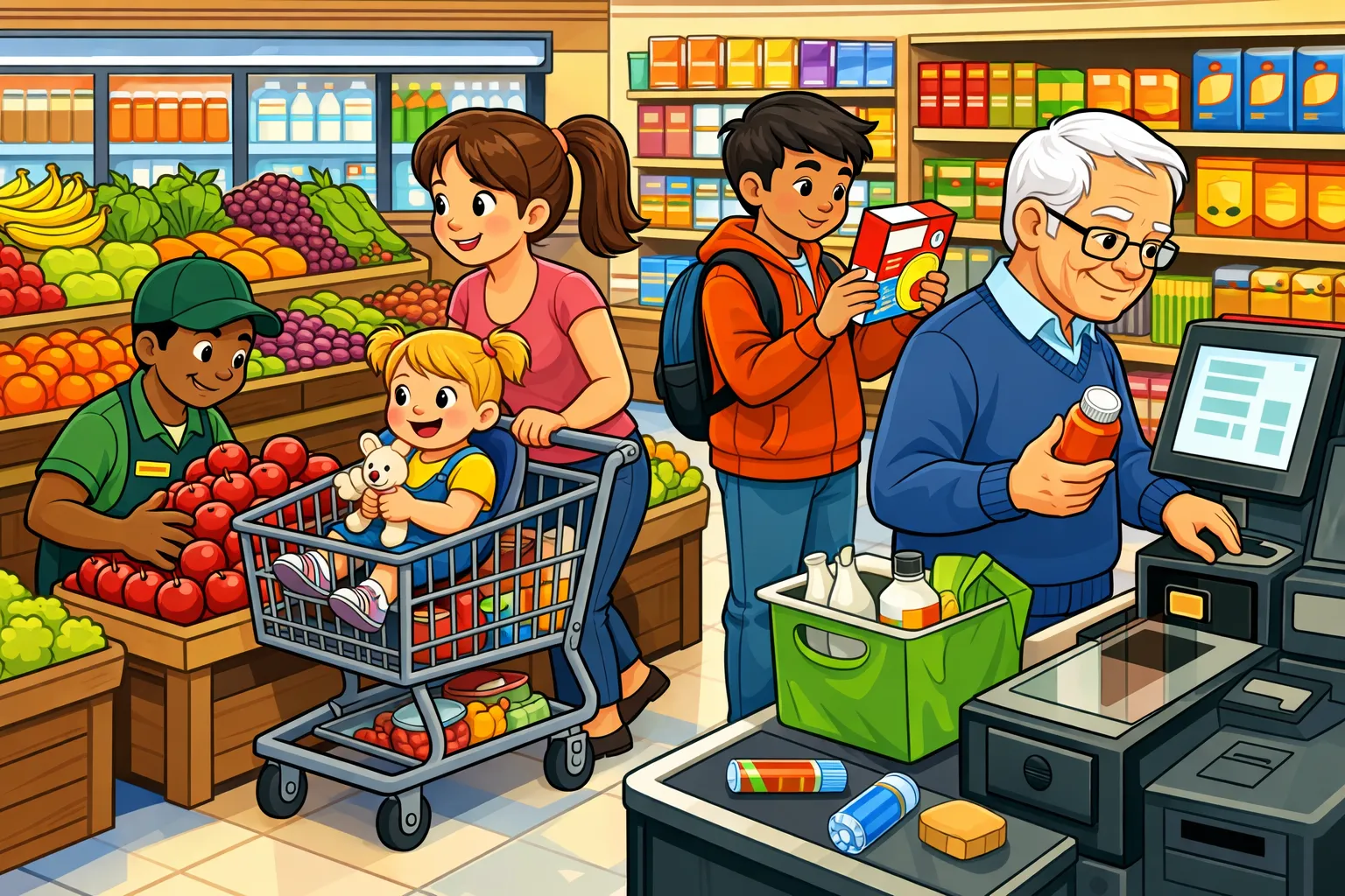 WH Questions scene: a family shopping at the grocery store