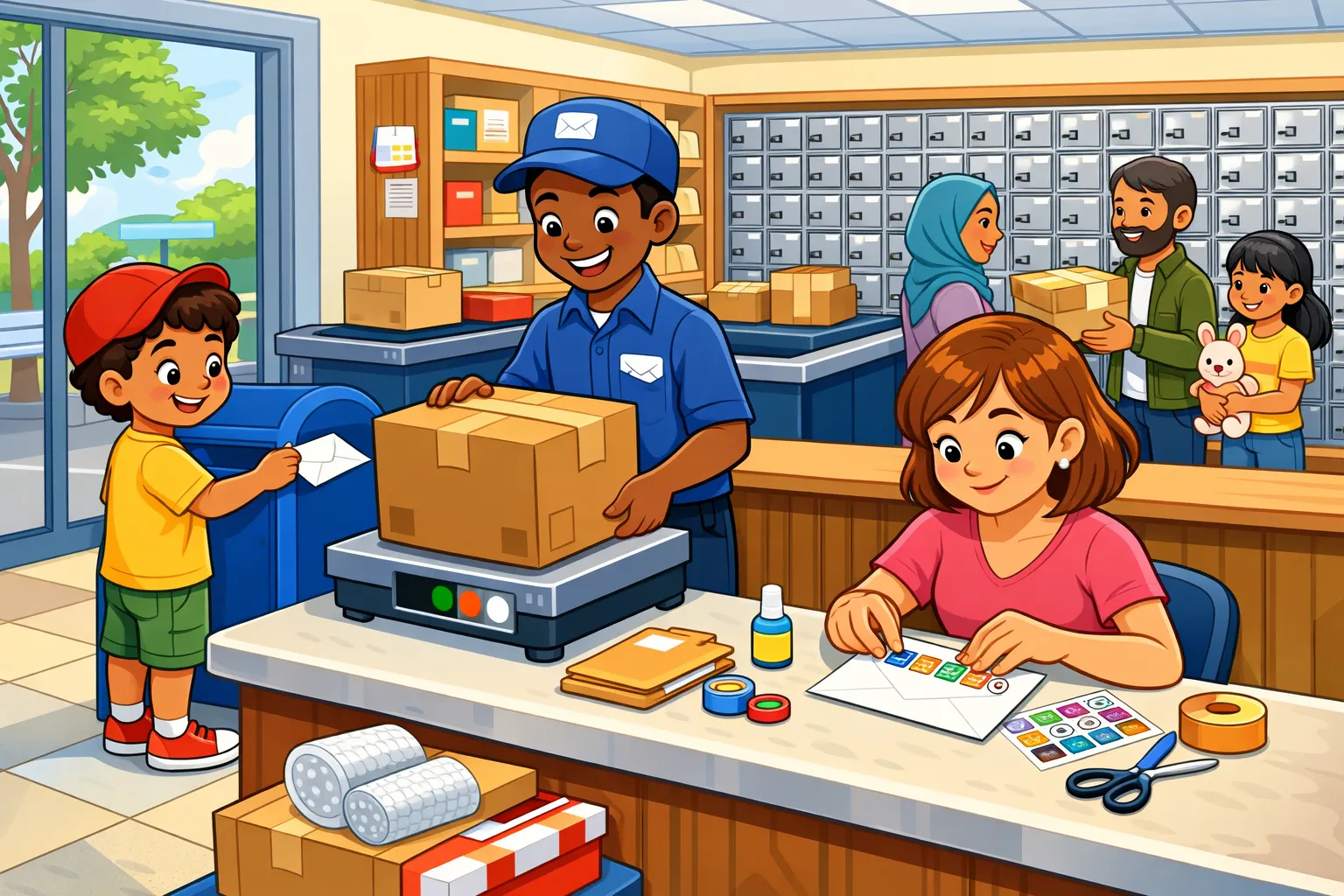 Illustrated scene of a family sending mail at the post office