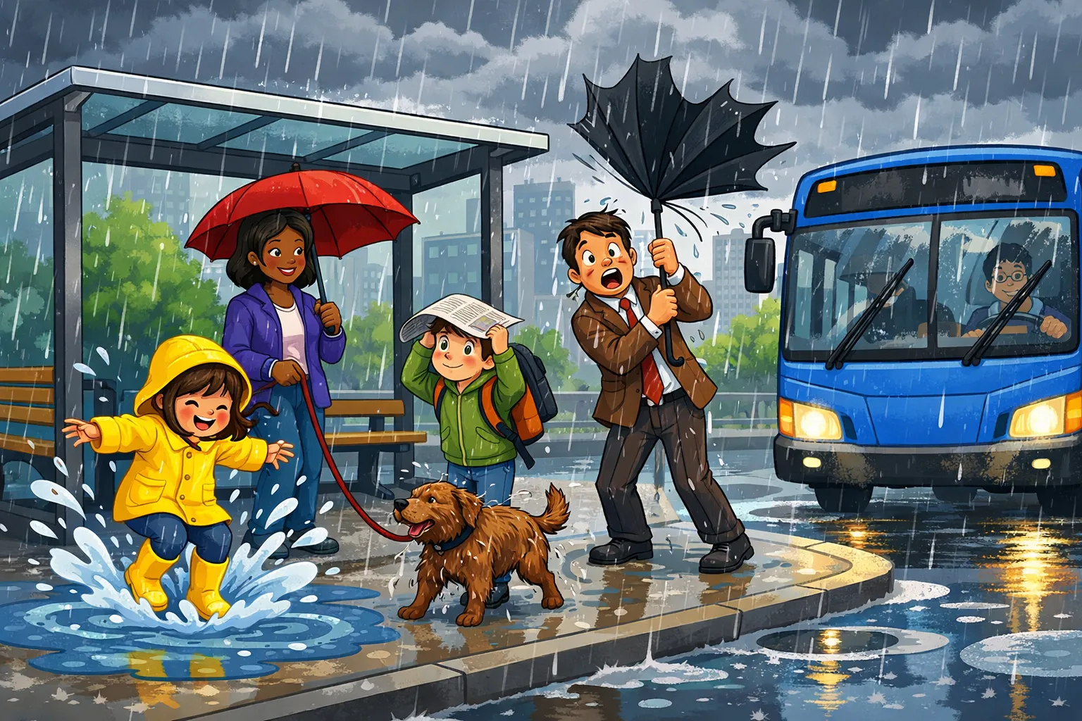WH scene: a rainy bus stop