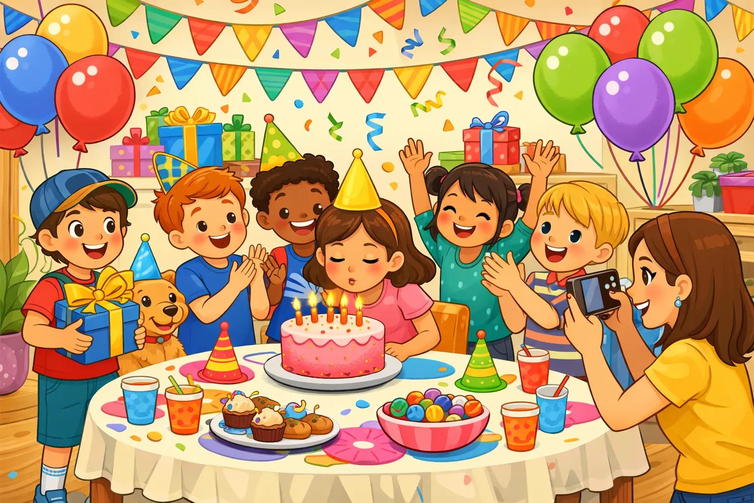 Illustrated scene of a birthday party