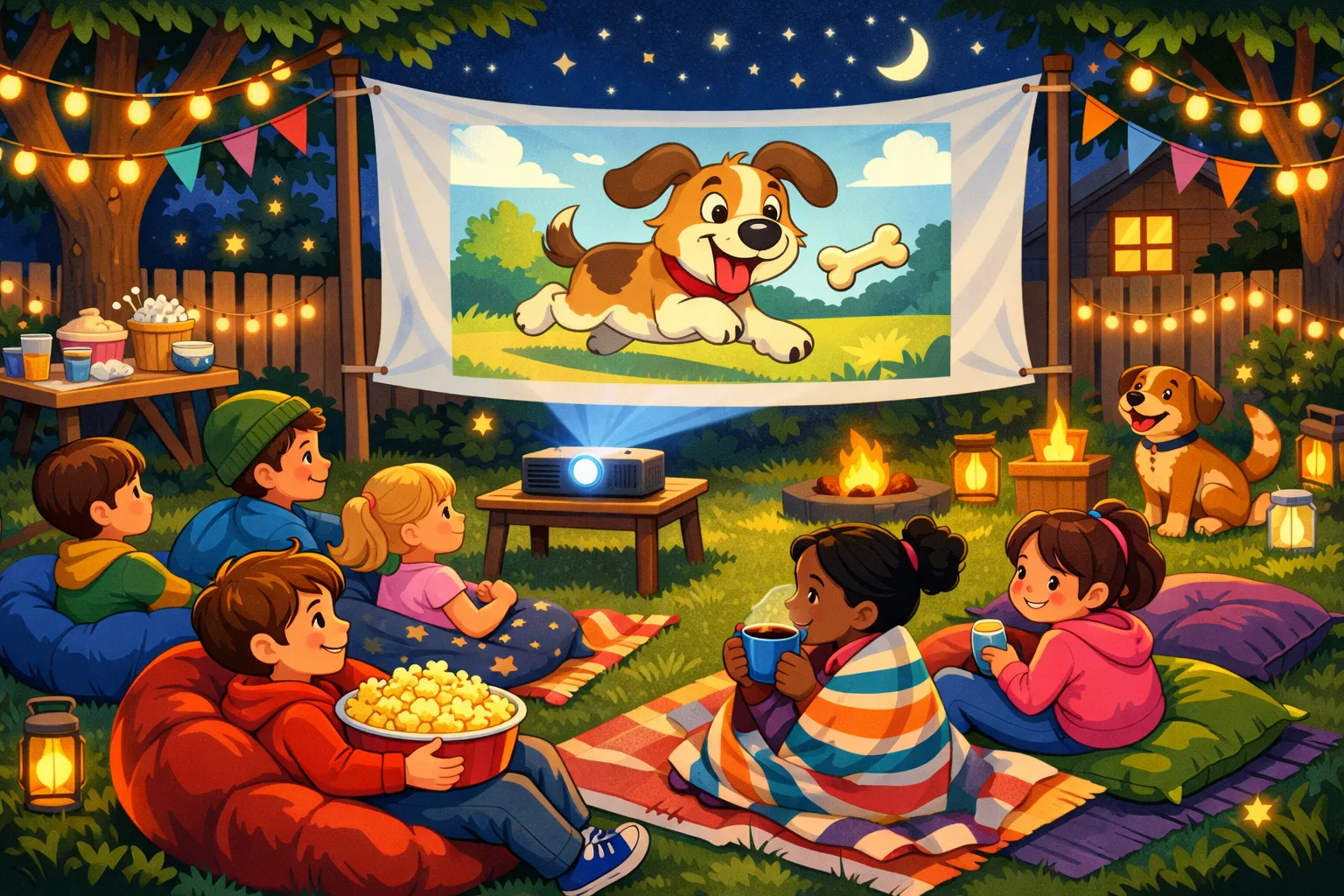 Illustrated scene of an outdoor movie night