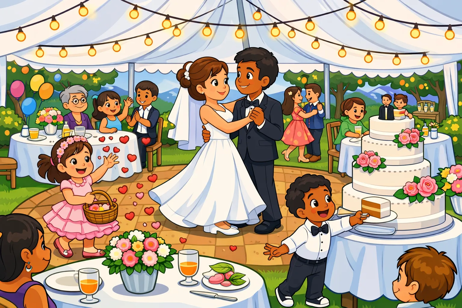 Illustrated scene of a wedding reception