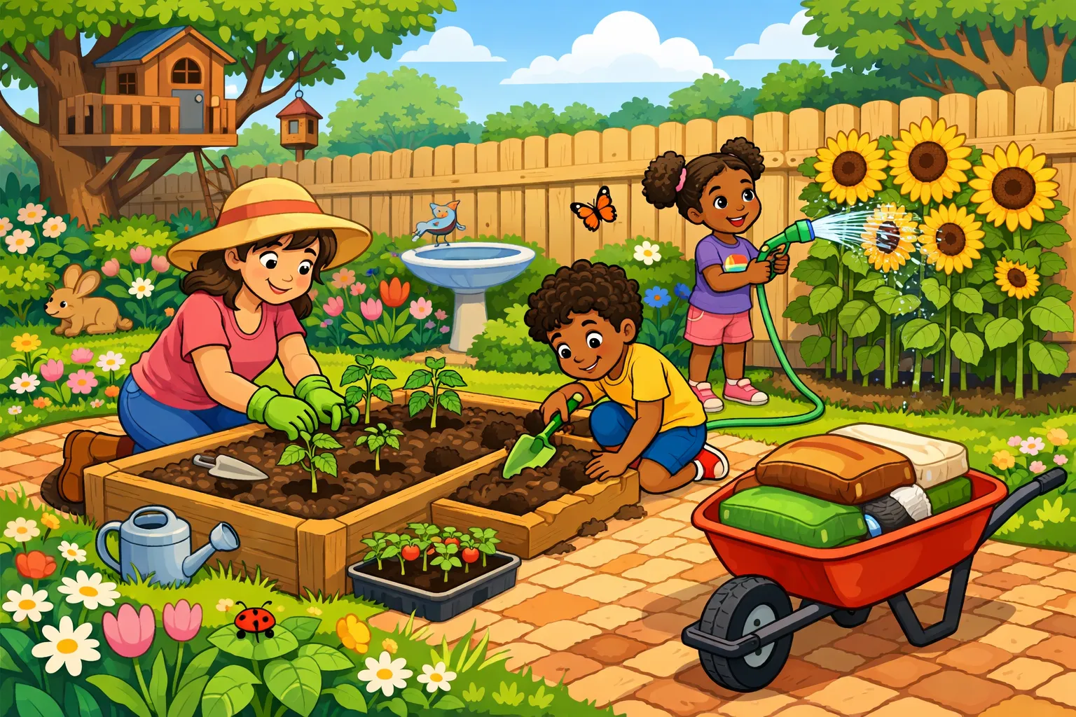 Illustrated scene of a family gardening in the backyard