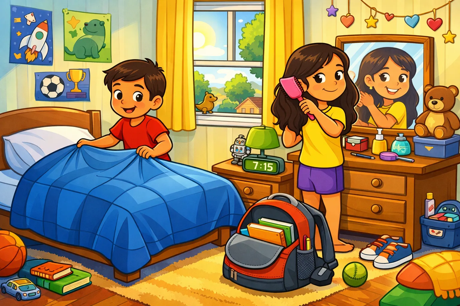 Illustrated scene of a morning routine in the bedroom
