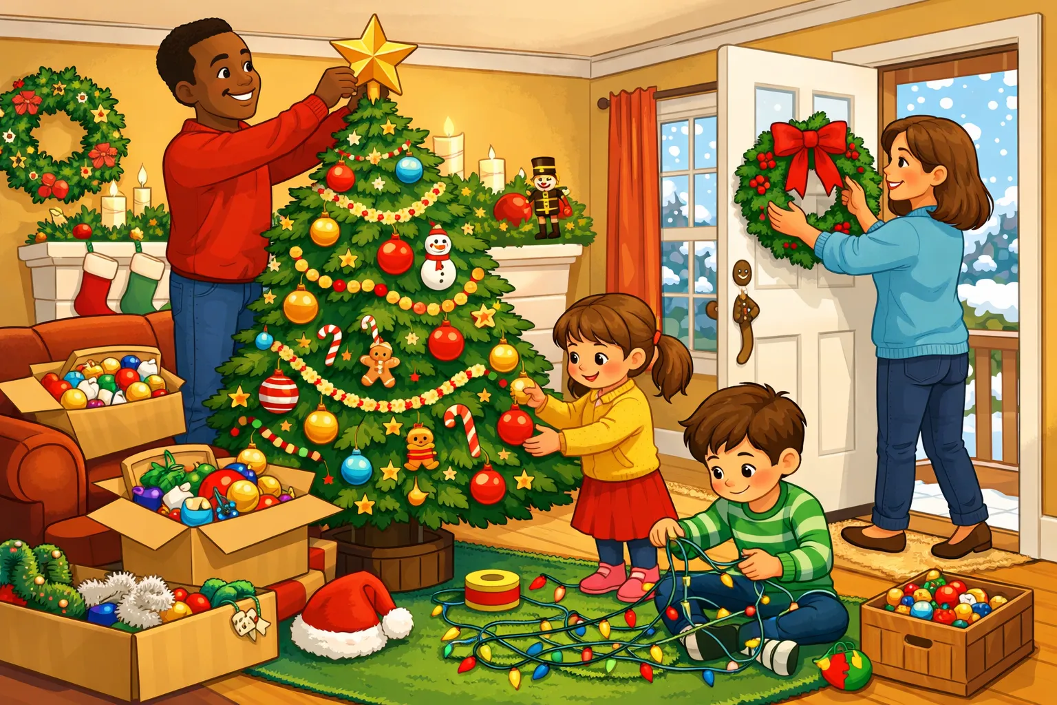 Illustrated scene of a family decorating for the holidays