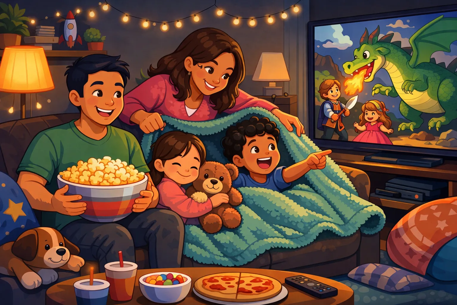 Illustrated scene of a family movie night