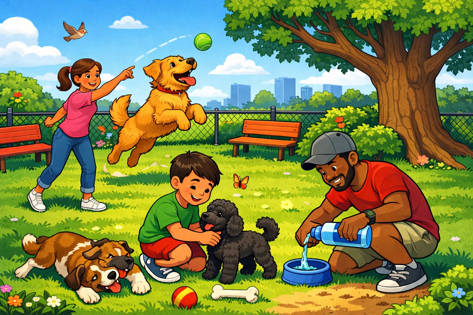 Illustrated scene of a dog park