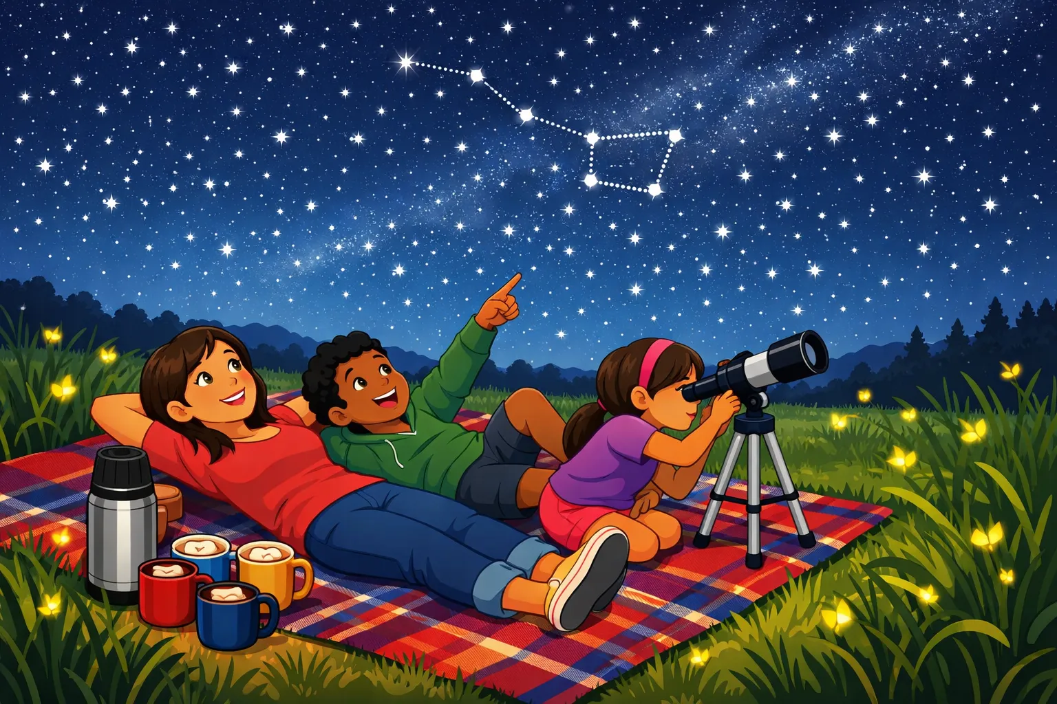 Illustrated scene of a family stargazing on a blanket