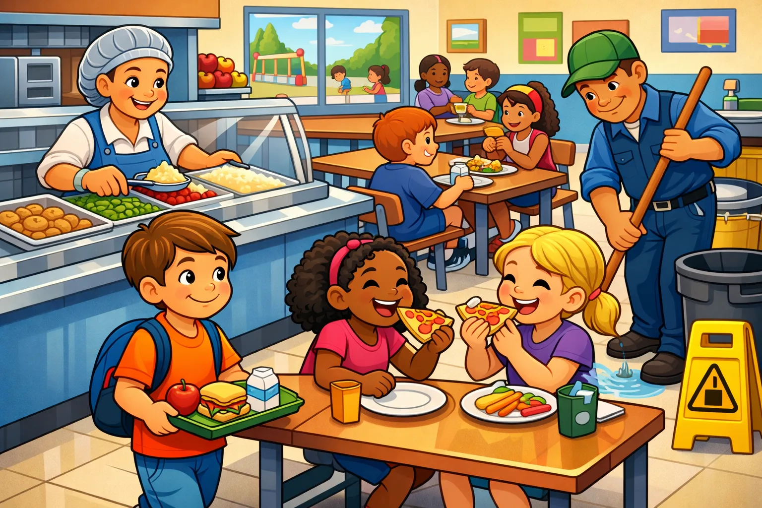 WH Questions scene: lunch in the school cafeteria