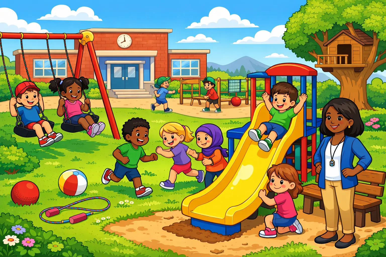 Illustrated scene of recess at the playground